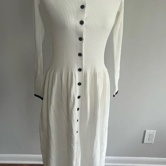 Proenza Schouler Ivory Long Sleeve Button-Front Dress with Black Trim - Picture 1 of 6